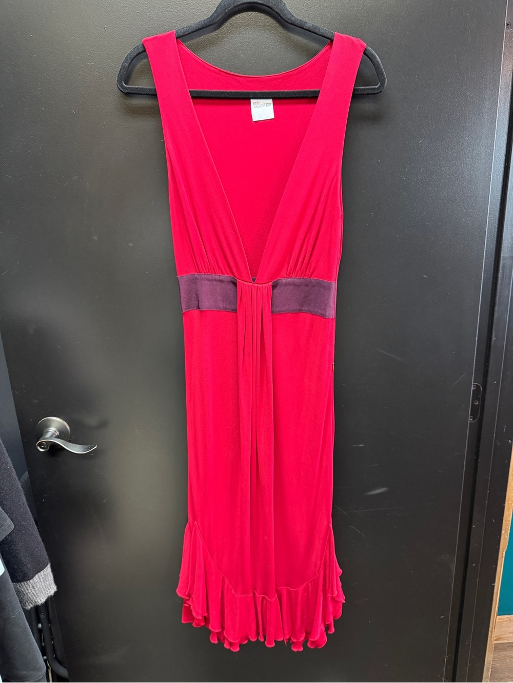 RED Valentino Deep V Sleeveless Midi Dress in Fuchsia with Plum Waistband